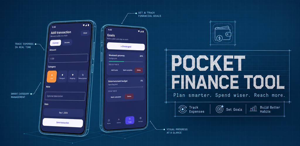 Pocket Finance Tool promotional artwork and phone previews