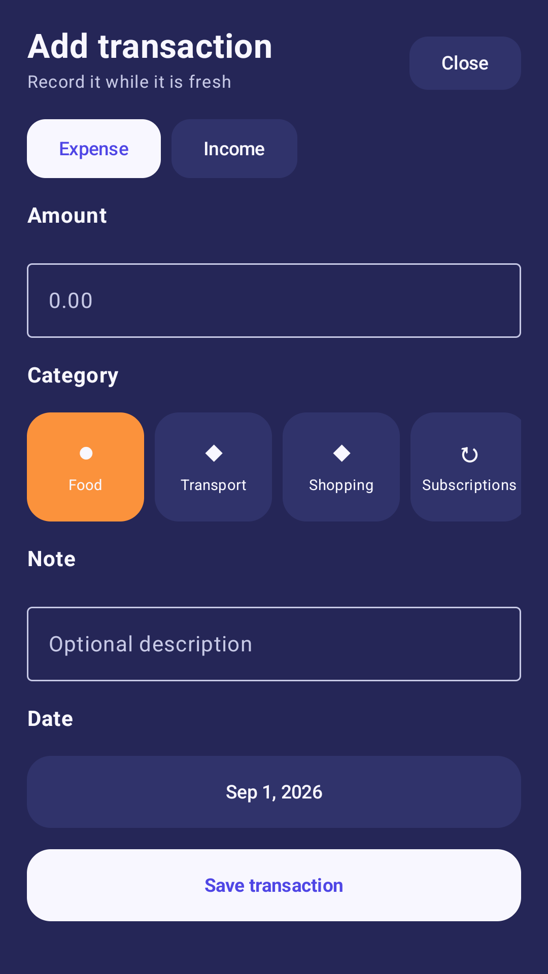 Transaction entry screen in Pocket Finance Tool